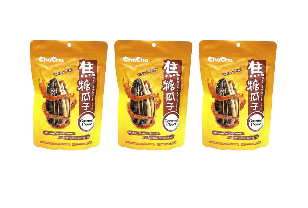 ChaCha caramel roasted sunflower seeds 3-pack, ideal for on-the-go snacking.