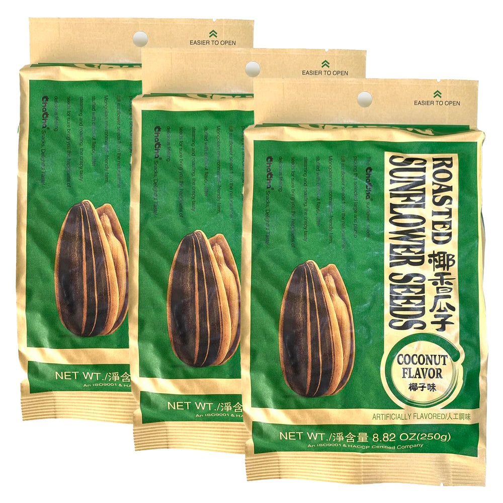 ChaCha roasted sunflower seeds with coconut flavor in convenient 250g pack for on-the-go snacking.