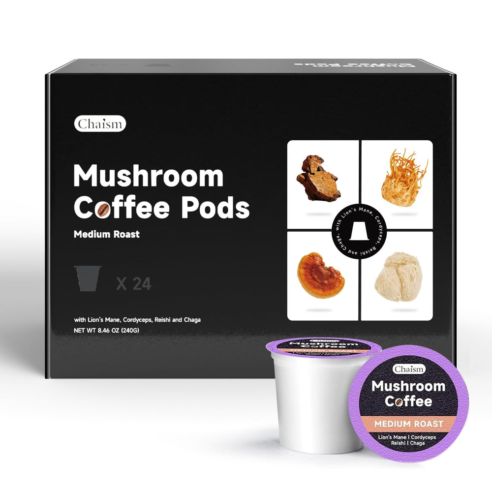 Chaism mushroom coffee pods in a box offer convenient daily energy.