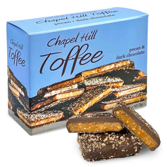 Chapel Hill Toffee box showing pecan and dark chocolate squares, ideal for gifting