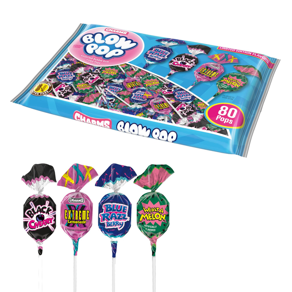 Charms Blow Pop Blue Razzberry lollipop with gum center, two-in-one fun for kids and adults