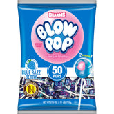Charms Blow Pops blue raspberry shell for a fruity bite with gum center.