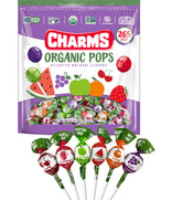 Charms Organic Pops Cherry flavor lollipops in resealable bag; gluten-free and non-GMO.