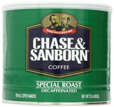 Chase & Sanborn Special Roast Decaf coffee can on shelf, recyclable packaging.