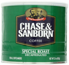 Chase & Sanborn Special Roast Decaf coffee can on shelf, recyclable packaging.
