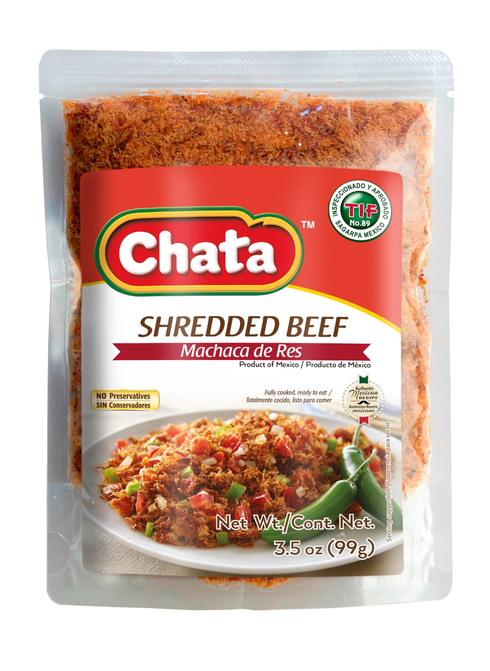 Chata Machaca Res pack front shows authentic dried beef for quick Mexican meals.