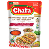 Chata Mexican Shredded Beef in a microwave-ready pouch for quick meals.