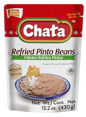 Chata refried pinto beans packaging, traditional recipe, convenient base for soups.