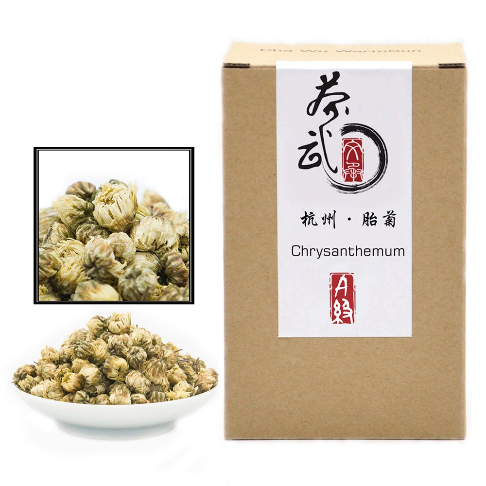 ChaWuWarmSun chrysanthemum tea buds in view, for a relaxing, caffeine-free sip.