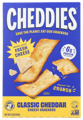 Cheddies classic cheddar crackers package shows premium ingredients and satisfying crunch.
