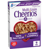 Cheerios Multi Grain cereal box on kitchen shelf, signaling a heart-healthy breakfast option.
