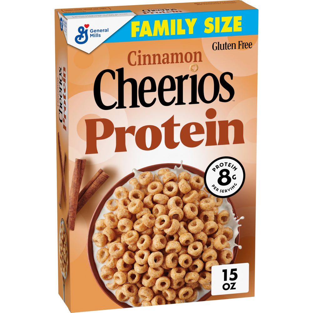 Cheerios Protein Cereal Cinnamon bowl with milk showing 8g protein per serving.