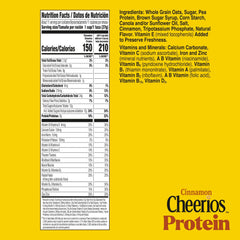 Cheerios Protein Cereal Cinnamon family size box on a kitchen counter for quick breakfast.