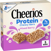 Cheerios Protein Chewy Bars Mixed Berry box shown as a portable family snack.