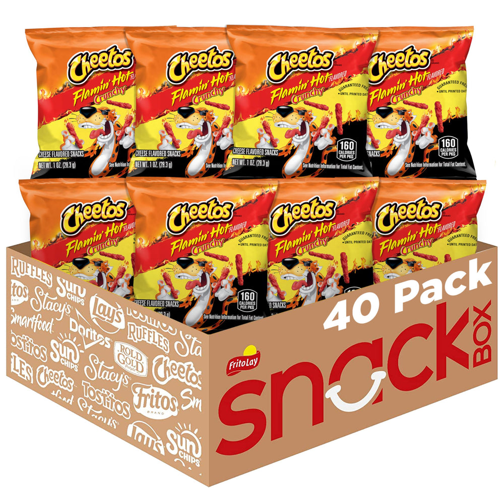 Cheetos Flamin' Hot Crunchy cheese snacks front packaging, grab-and-go snacking.