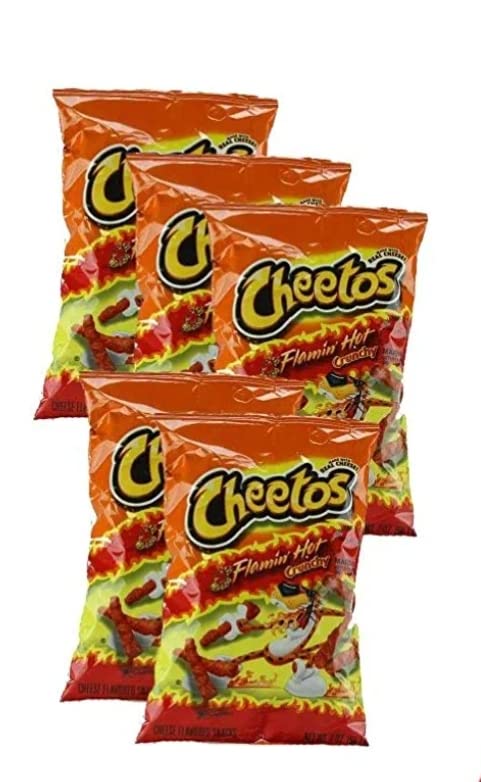 Cheetos Flamin' Hot Crunchy 2oz pack close-up showing bold color for on-the-go snacking.