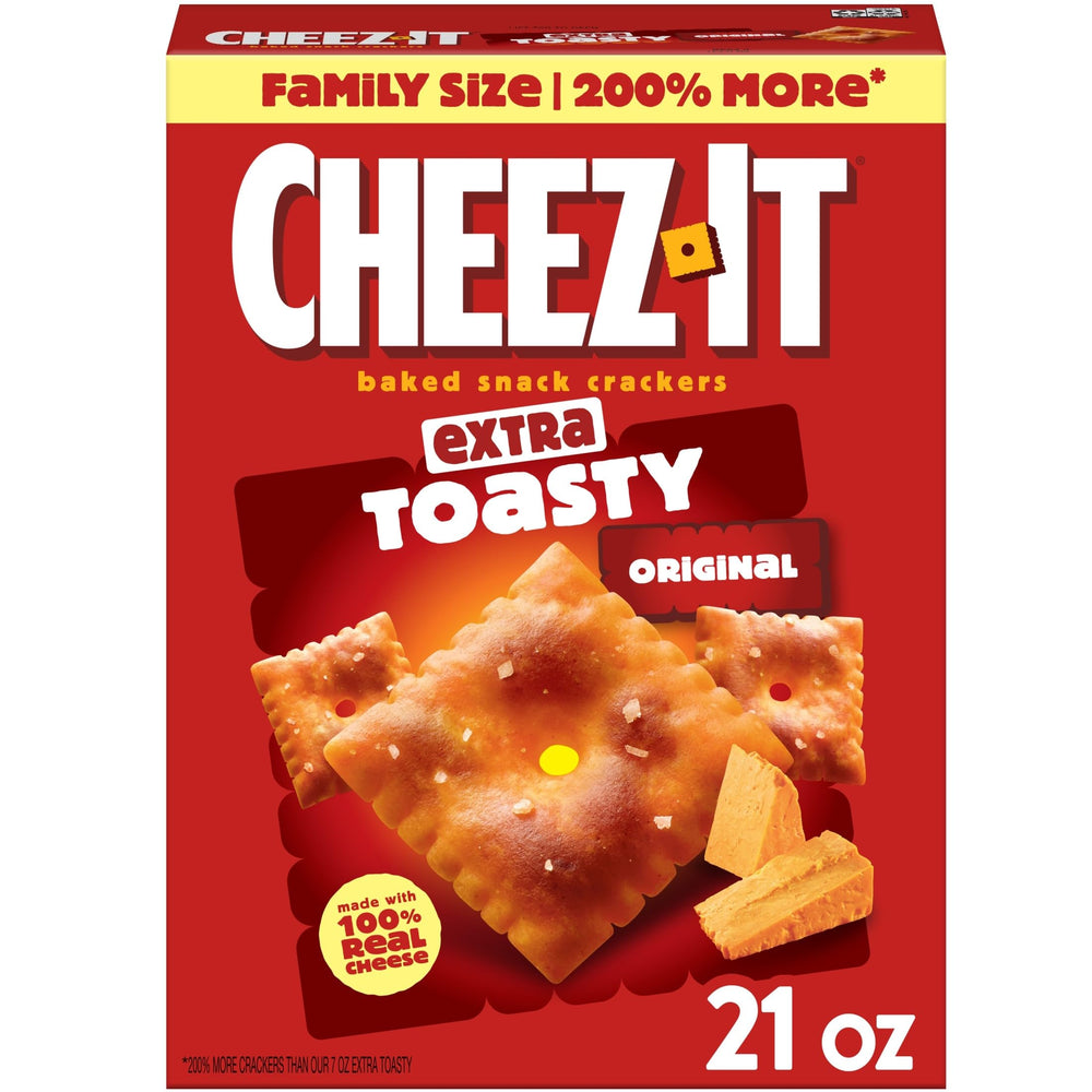Cheez-It Extra Toasty box front emphasizes bold cheese flavor for quick snacking.