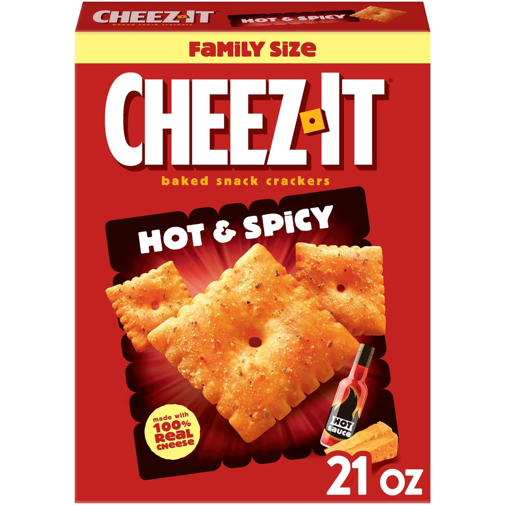 Cheez-It Hot Spicy box front highlighting bold cheese flavor for family snacking