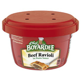 Chef Boyardee beef ravioli bowl setup in microwave-ready packaging for a quick, kid-friendly meal.
