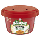 Chef Boyardee Beefaroni bowl ready for quick microwave meal.