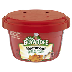 Chef Boyardee Beefaroni bowl ready for quick microwave meal.
