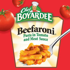 Open microwaveable Beefaroni bowl ready to serve your family.