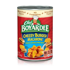 Chef Boyardee Cheesy Burger Macaroni can on shelf for quick meals