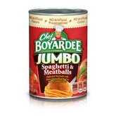 Chef Boyardee Jumbo Spaghetti and Meatballs can on shelf for quick family meals