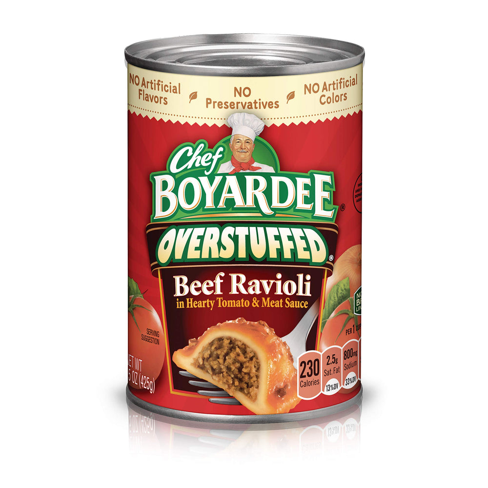 Chef Boyardee Overstuffed Beef Ravioli can label shown for quick meals.