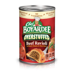 Chef Boyardee Overstuffed Beef Ravioli can label shown for quick meals.
