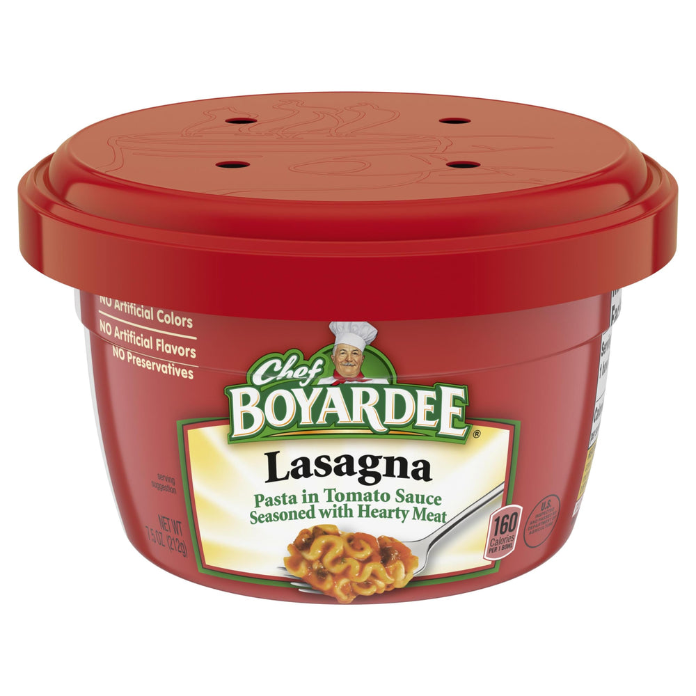 Chef Boyardee Lasagna microwaveable bowl front view, ready to heat for a quick family meal.