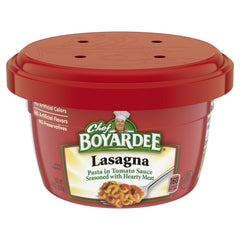 Chef Boyardee Lasagna microwaveable bowl front view, ready to heat for a quick family meal.
