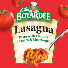 Chef Boyardee Lasagna packaging shows 12 bowls for easy pantry prep.