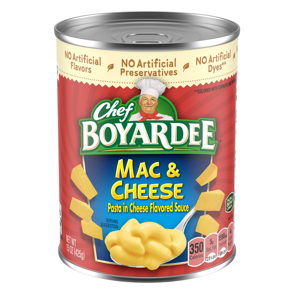 Chef Boyardee Mac & Cheese can front view, ready-to-eat comfort in minutes.