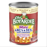 Chef Boyardee Mini-Bites can label showing ABC's and 123's with Meatballs for a quick family meal.