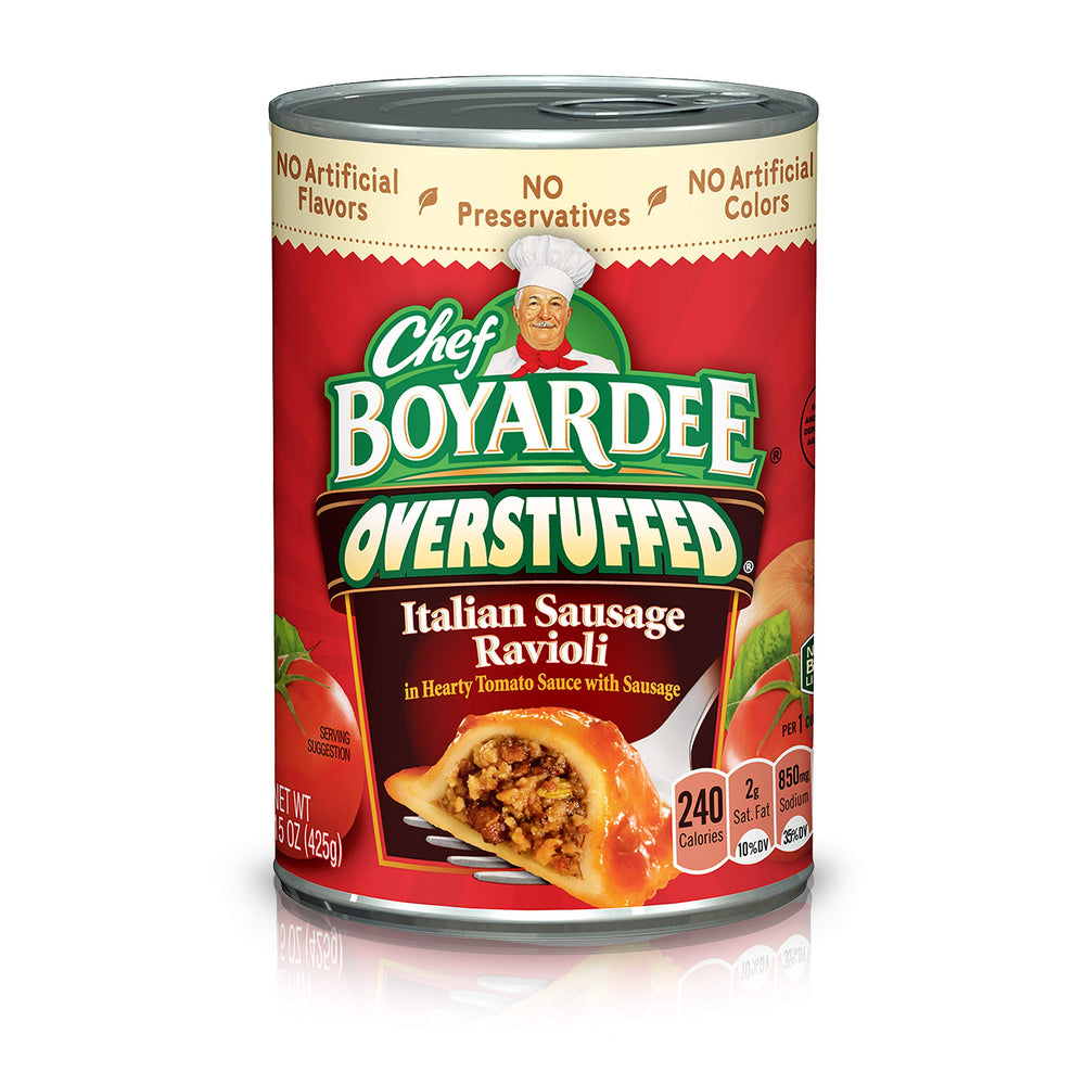 Chef Boyardee overstuffed sausage ravioli can-open for quick, convenient meals.