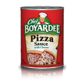 Chef Boyardee Pizza Sauce with Cheese can front label highlights authentic flavor for easy pizza.