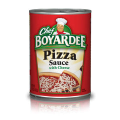 Chef Boyardee Pizza Sauce with Cheese can front label highlights authentic flavor for easy pizza.