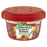 Chef Boyardee spaghetti and meatballs bowl front view, quick family meal in minutes.
