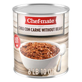 Chef-Mate Beef Chili No Beans 6 lb 10 oz can, ideal for bulk prep.
