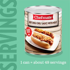 Chef-mate hot dog chili sauce label on shelf for convenient bulk storage.