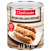 Chef-mate hot dog chili sauce with meat on a plate, ready to heat and serve.