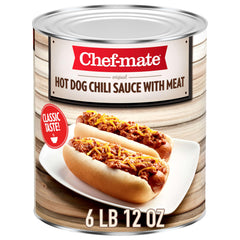 Chef-mate hot dog chili sauce with meat on a plate, ready to heat and serve.