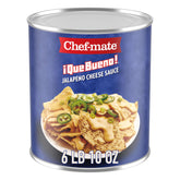 Chef-mate Que Bueno spicy nacho cheese sauce can side view showing rich cheddar flavor
