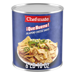 Chef-mate Que Bueno spicy nacho cheese sauce can side view showing rich cheddar flavor
