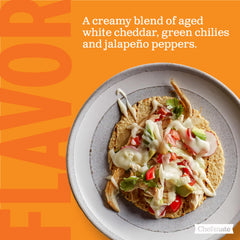 Close up of ingredients shows real cheese and chilies in Chef-mate Queso