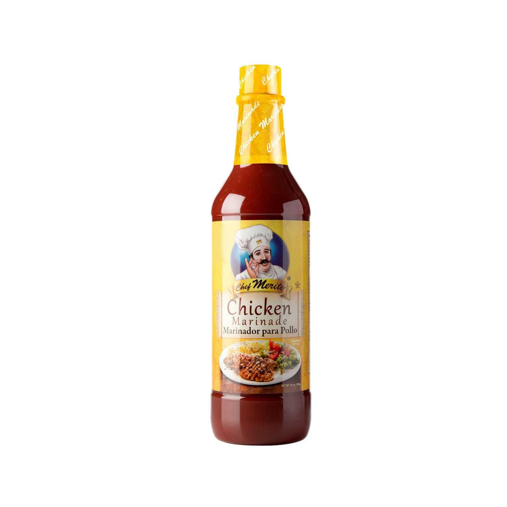 Chef Merito Chicken Marinade 25oz bottle, citrus and garlic for tasty grilling.
