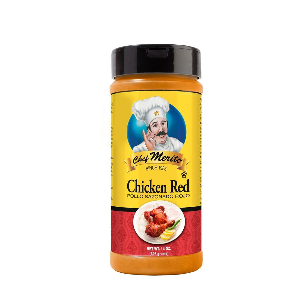 Chef Merito Chicken Red Seasoning bottle enhances grilled chicken with bold paprika and garlic.