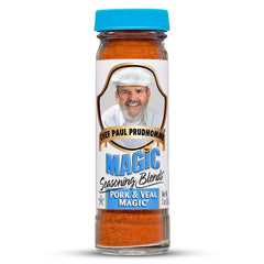 Chef Paul Magic Seasoning Blends Pork & Veal Magic bottle pour enhances smoky aroma.