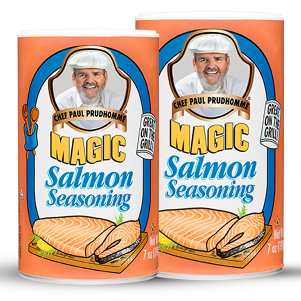 Chef Paul Prudhomme's Salmon Magic bottle closeup highlighting bold seafood flavor.